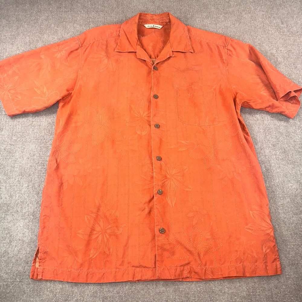 Tommy Bahama Mens Small Orange 100% Silk Floral Jacquard Short Sleeve Camp Shirt